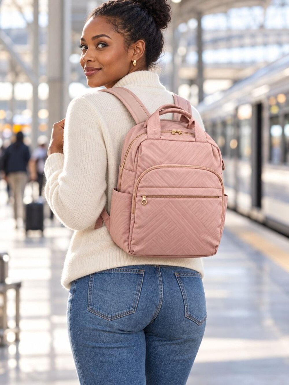 Bag Smart Blush Pink Quilted Backpack Minimalist Work Travel Laptop Bag